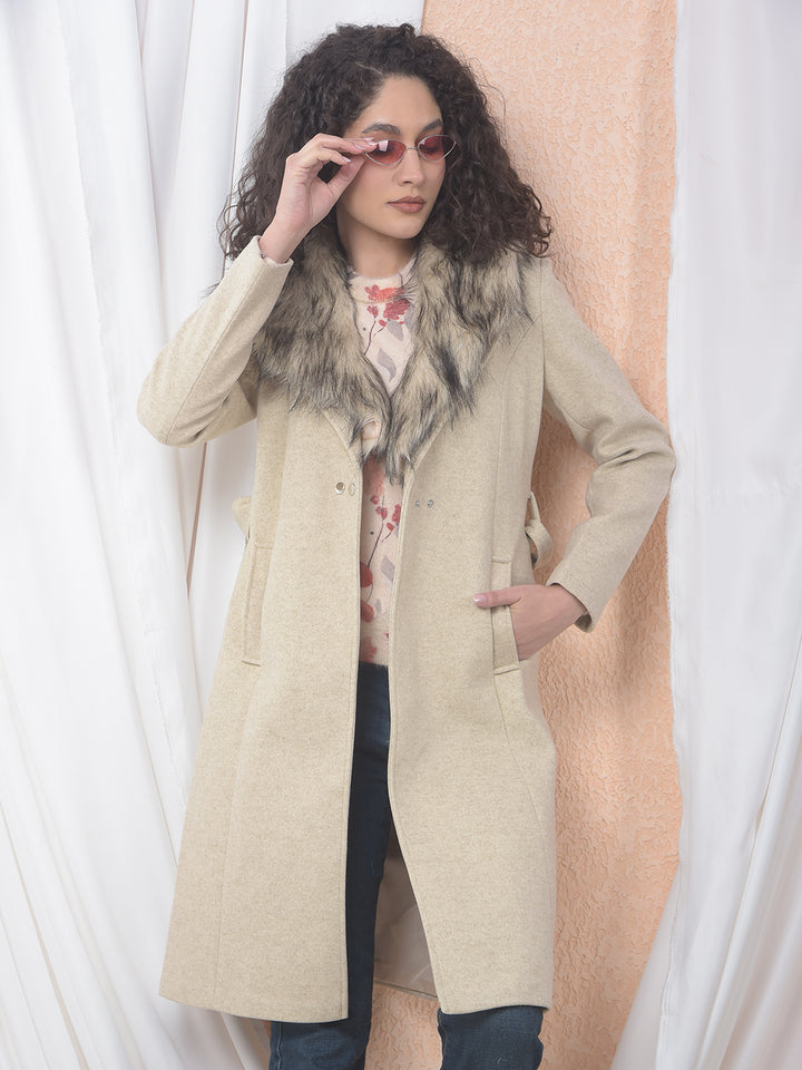 Faux Fur Trim Beige Belted Over-Coat