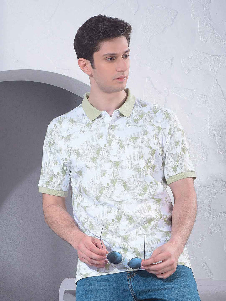 Green Printed Polo Neck 100% Cotton T-Shirt