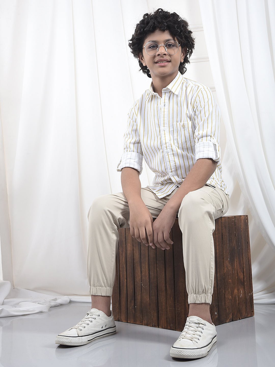 Beige Vertical Stripes 100% Cotton Corduroy Shirt