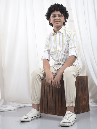 Beige Vertical Stripes 100% Cotton Corduroy Shirt