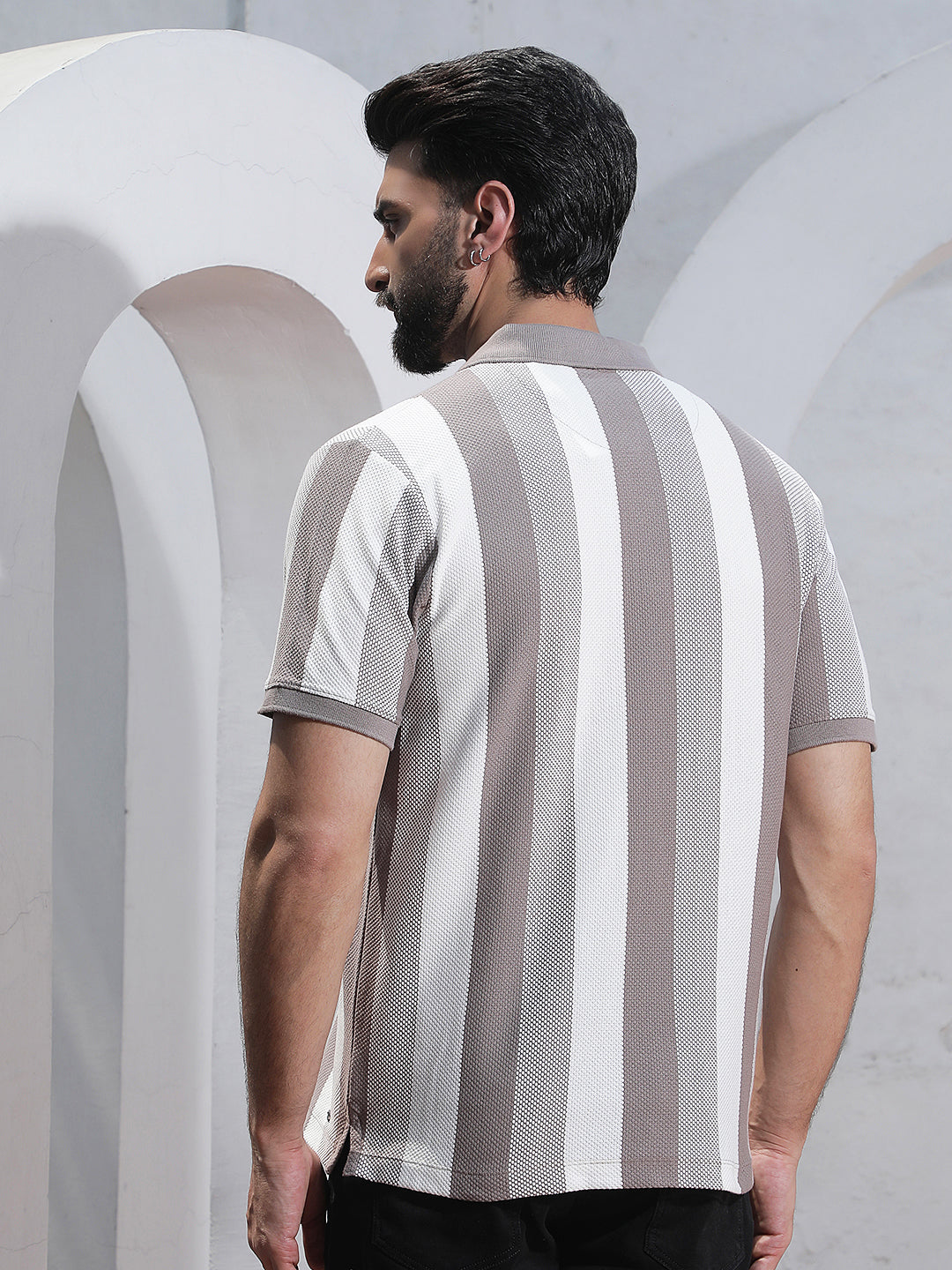 Grey Vertical Striped Polo Neck T-Shirt