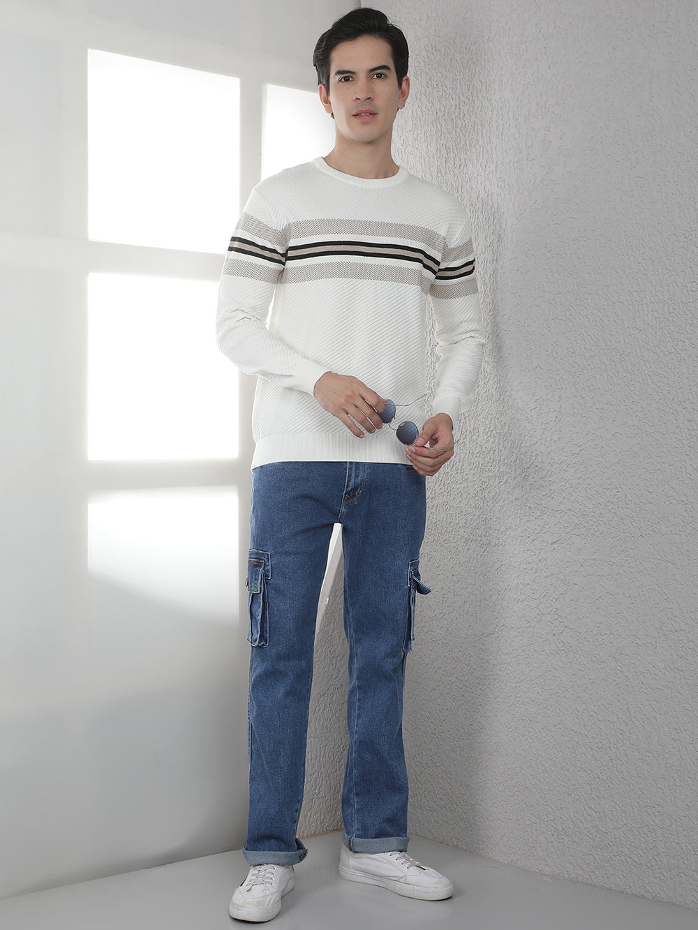Off White 100% Cotton Horizontal Stripes Round Neck Sweater