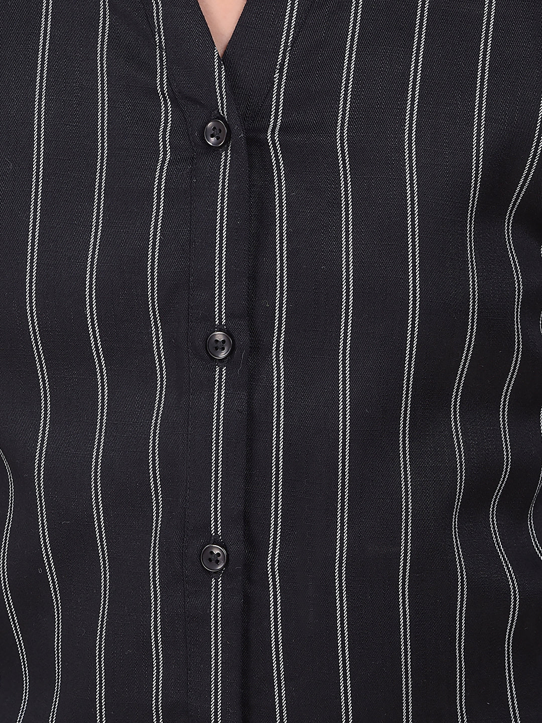 Black Vertical Stripes Mandarin Neck Shirt