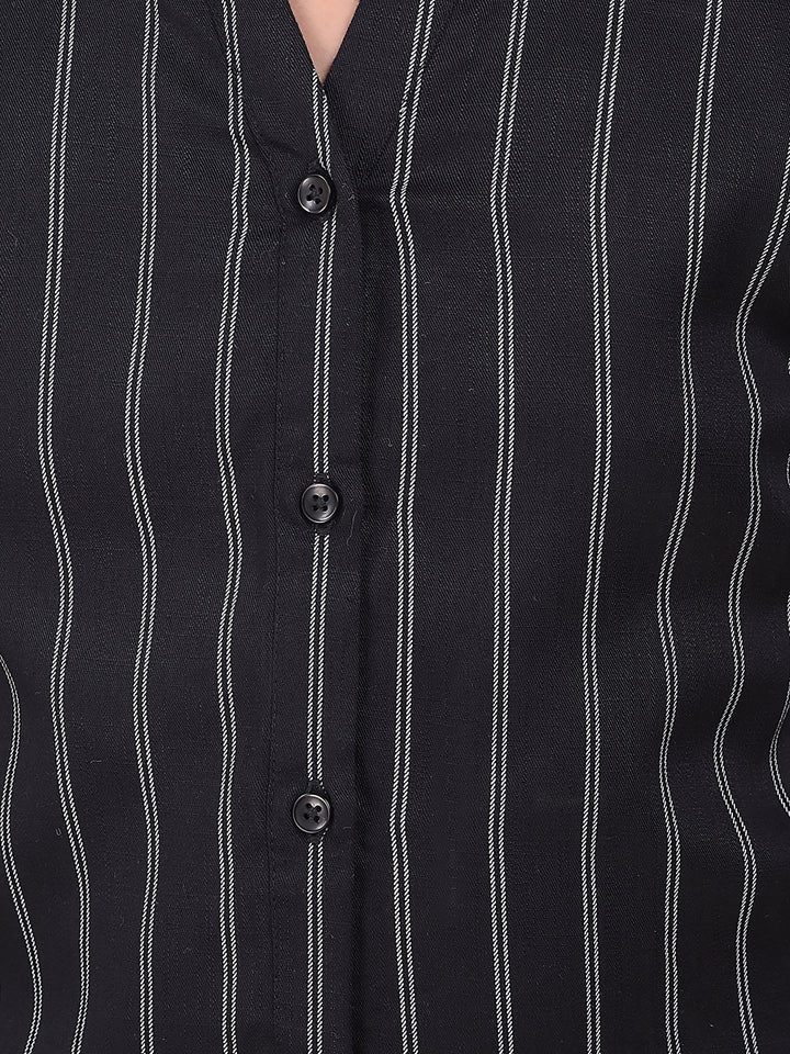 Black Vertical Stripes Mandarin Neck Shirt