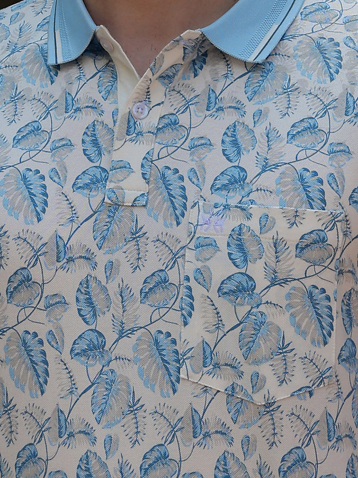 Blue Floral Print Polo Neck T-Shirt