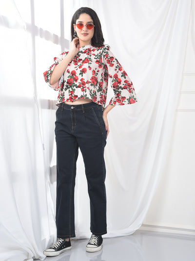 Green Floral Print Cropped Top