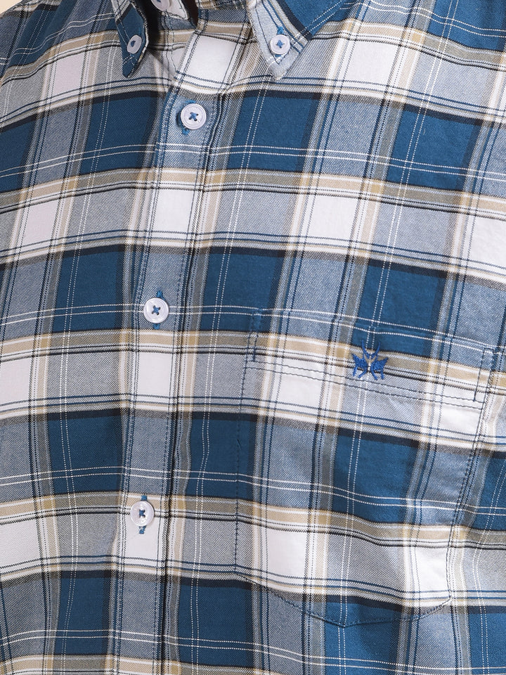 Green Checked Button-Down Collar 100% Cotton Shirt