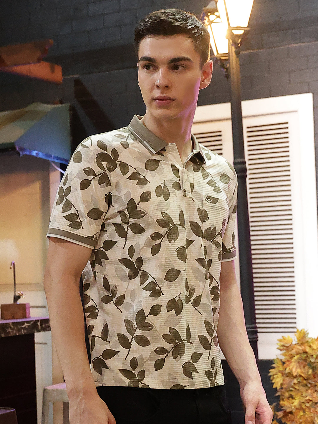 Beige Floral Print Polo Neck T-Shirt