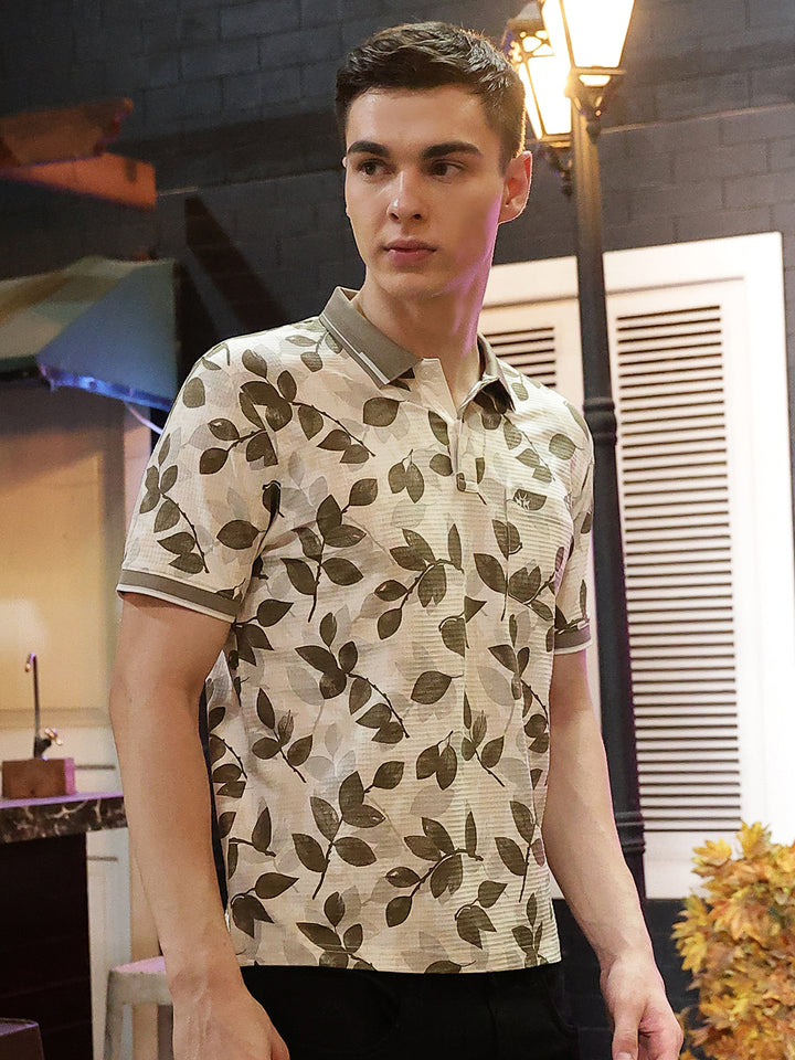 Beige Floral Print Polo Neck T-Shirt