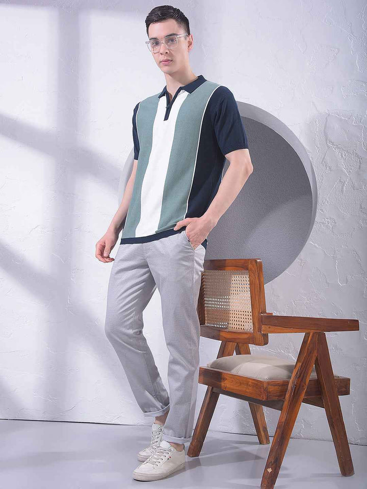 Color-Blocked 100% Cotton Polo Neck T-Shirt with Zip Closure