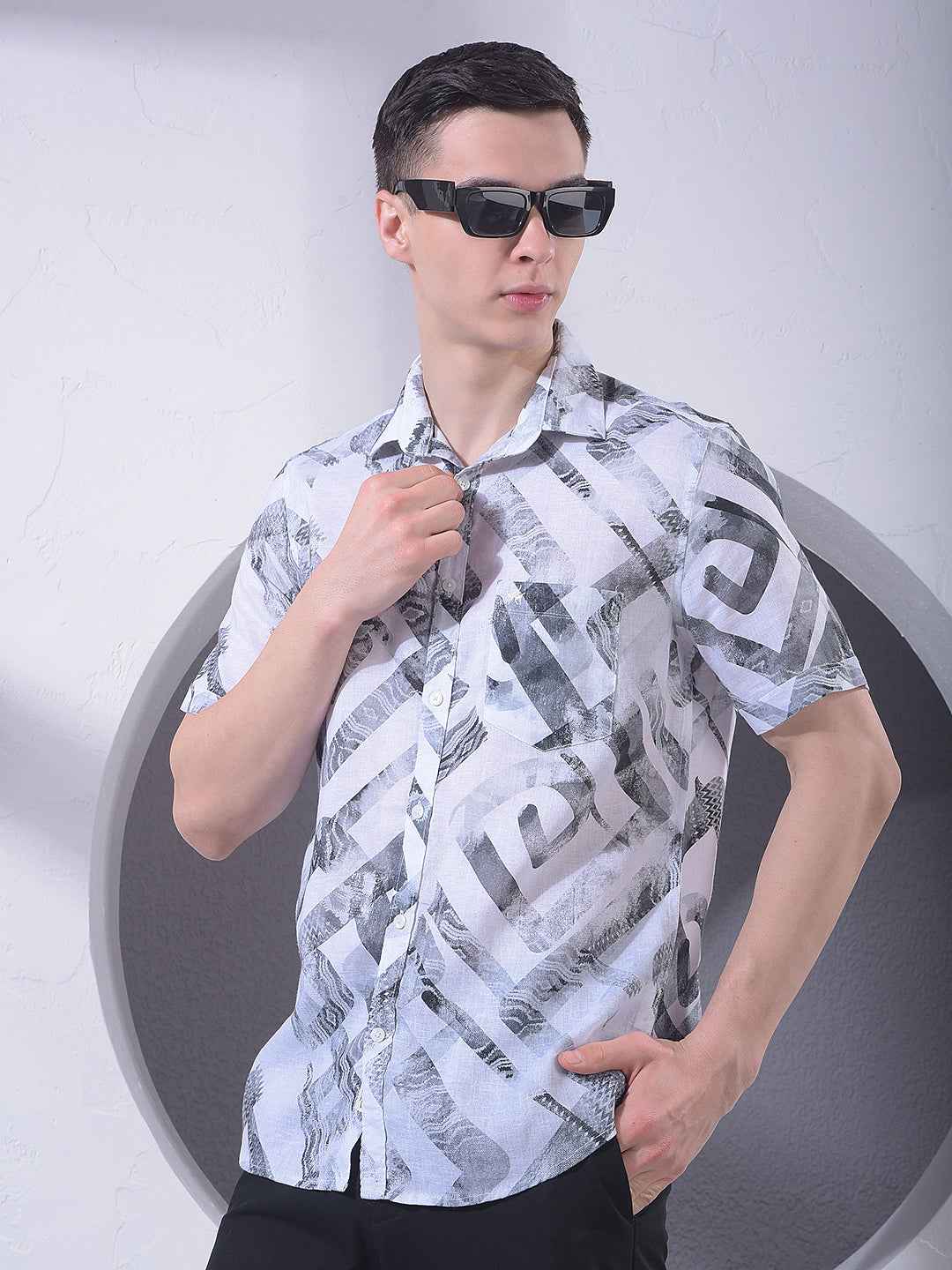 Grey Printed Linen Shirt