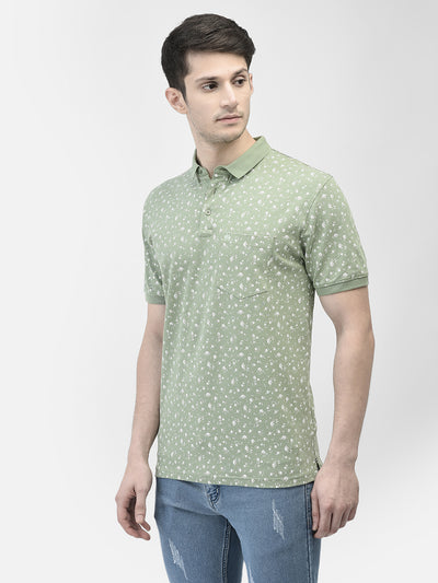Green Floral Print Polo Neck T-Shirt