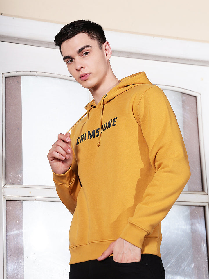 Mustard Typographic Print Hooded Neck Sweatshirt