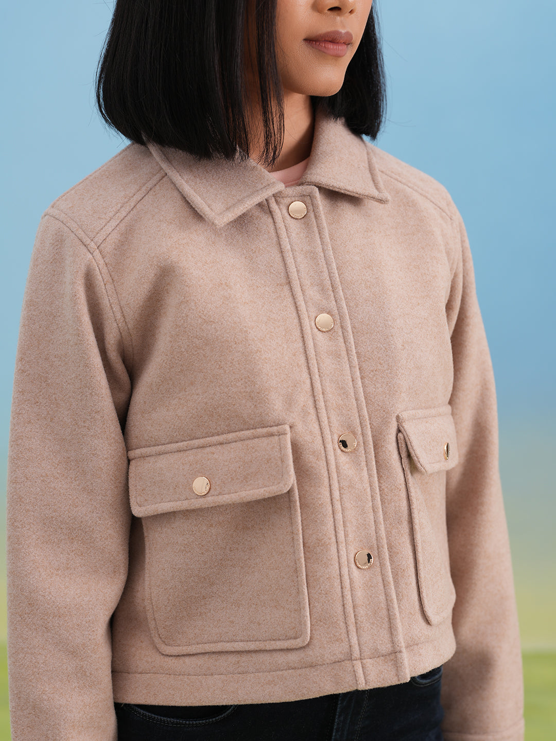 Beige Double-Pocket Cropped Shacket