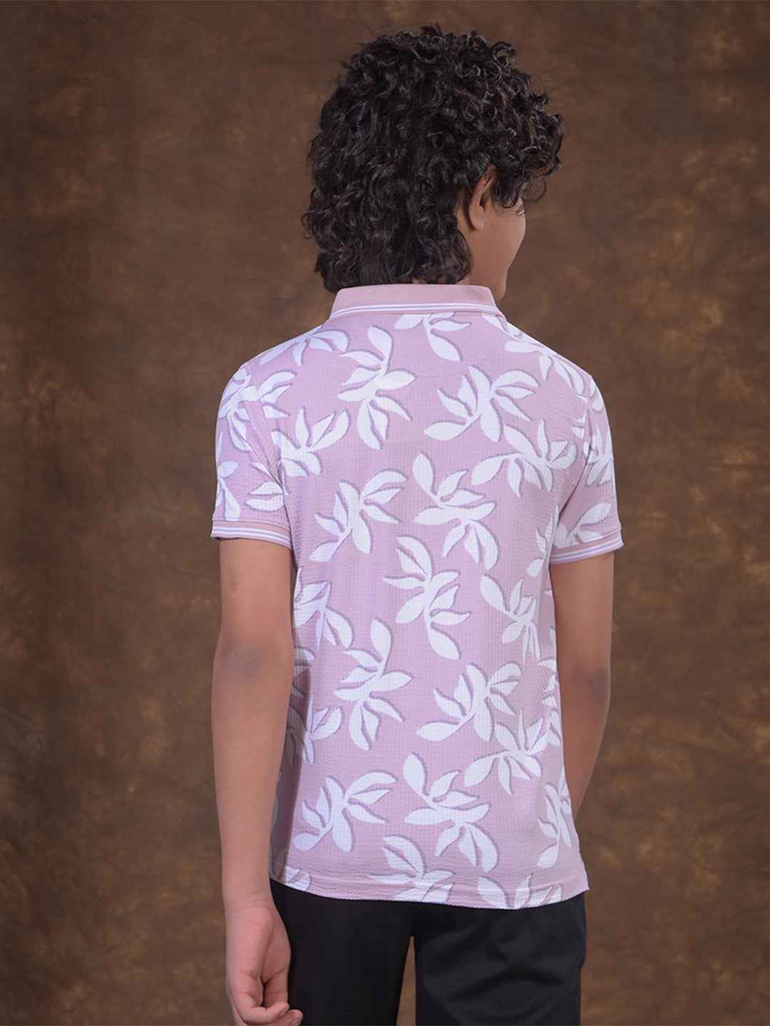 Purple Floral Print Polo Neck T-Shirt
