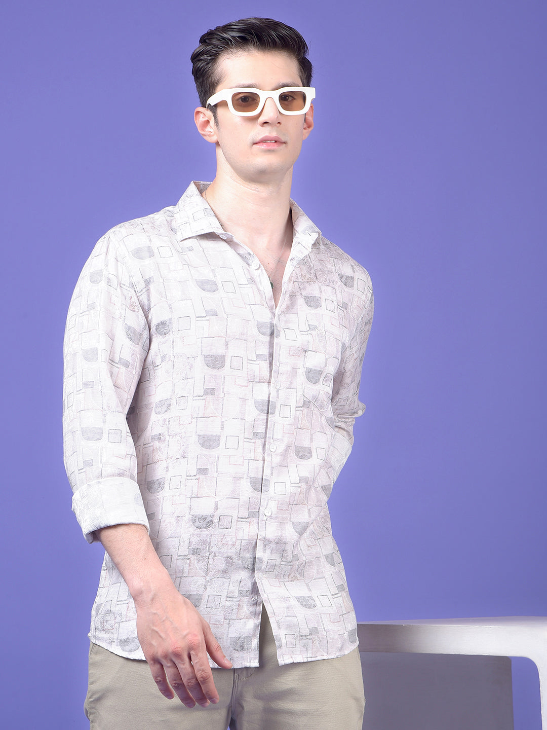 Off White Printed Linen Shirt