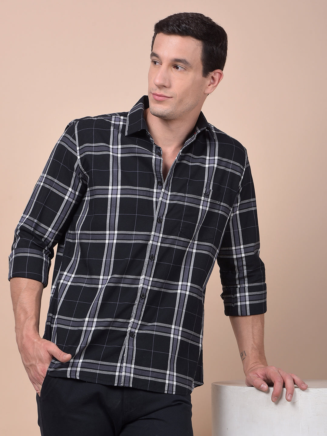 Navy Blue Checked 100% Cotton Shirt