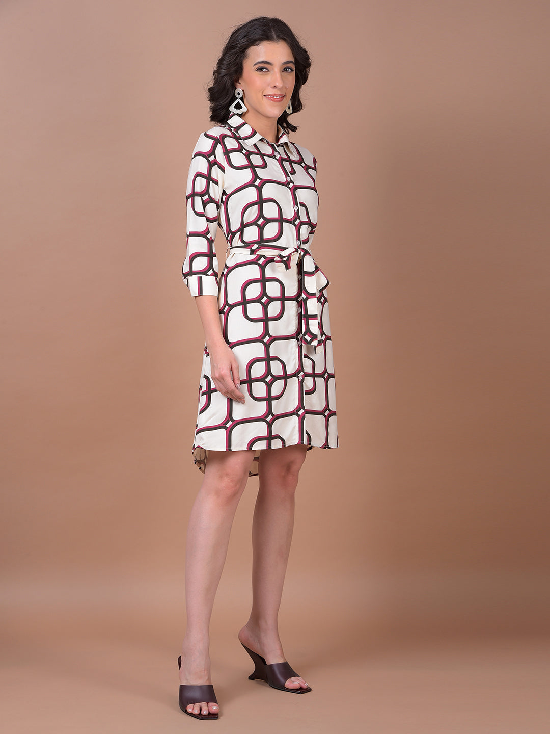 White Printed Belted Shirt Dress