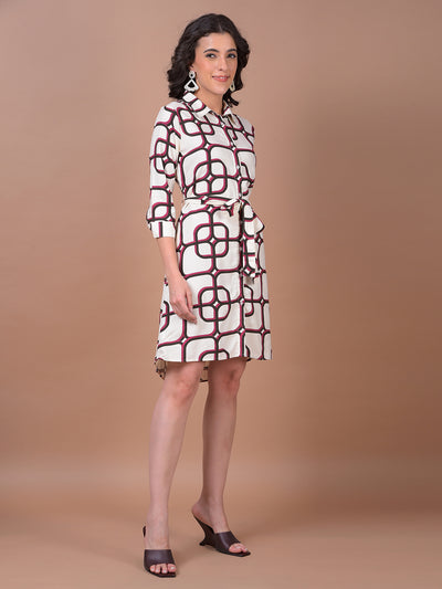 White Printed Belted Shirt Dress