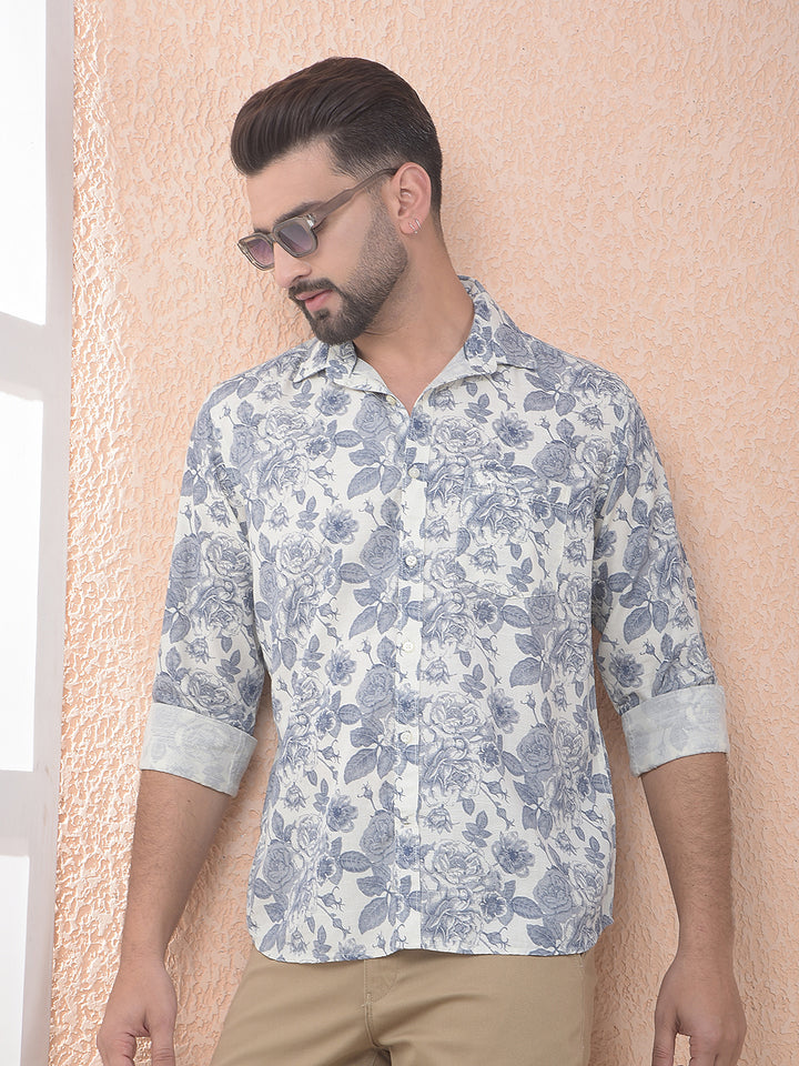 Blue Floral Print Linen Shirt