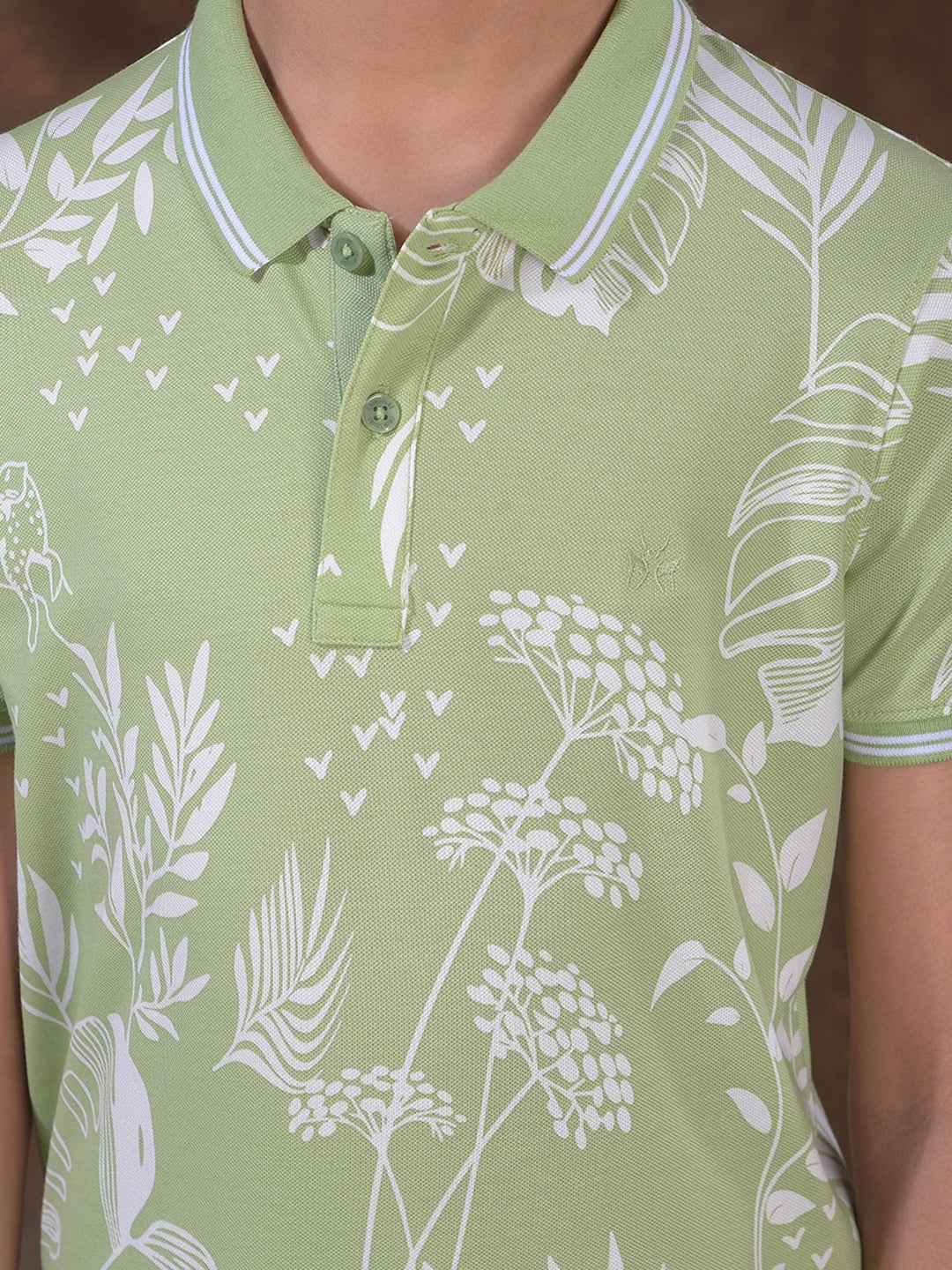 Green Floral Print Polo Neck T-Shirt