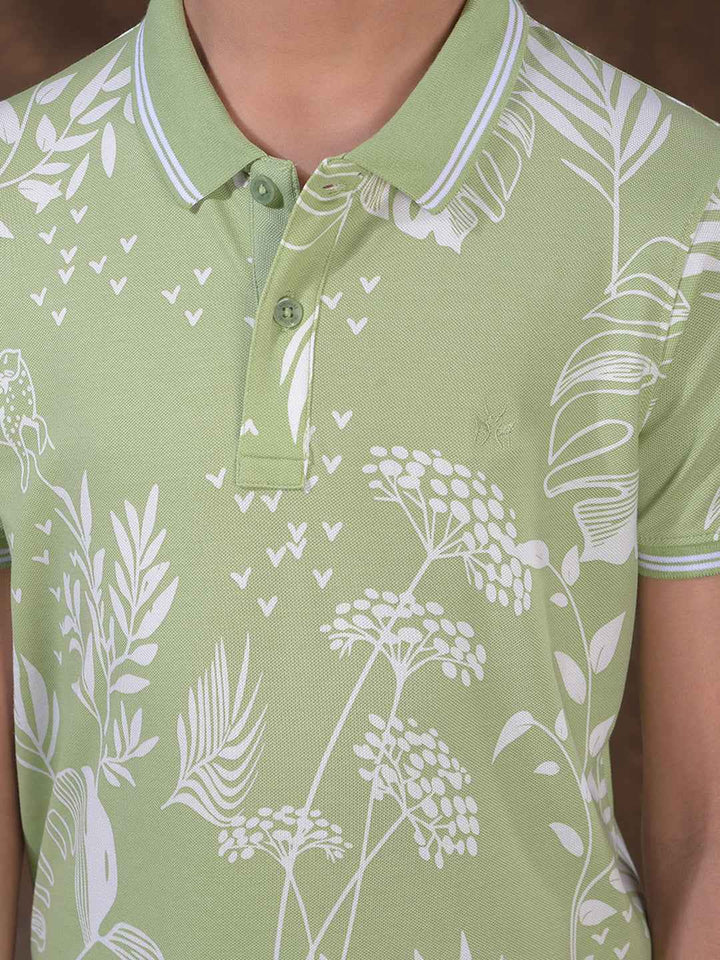 Green Floral Print Polo Neck T-Shirt