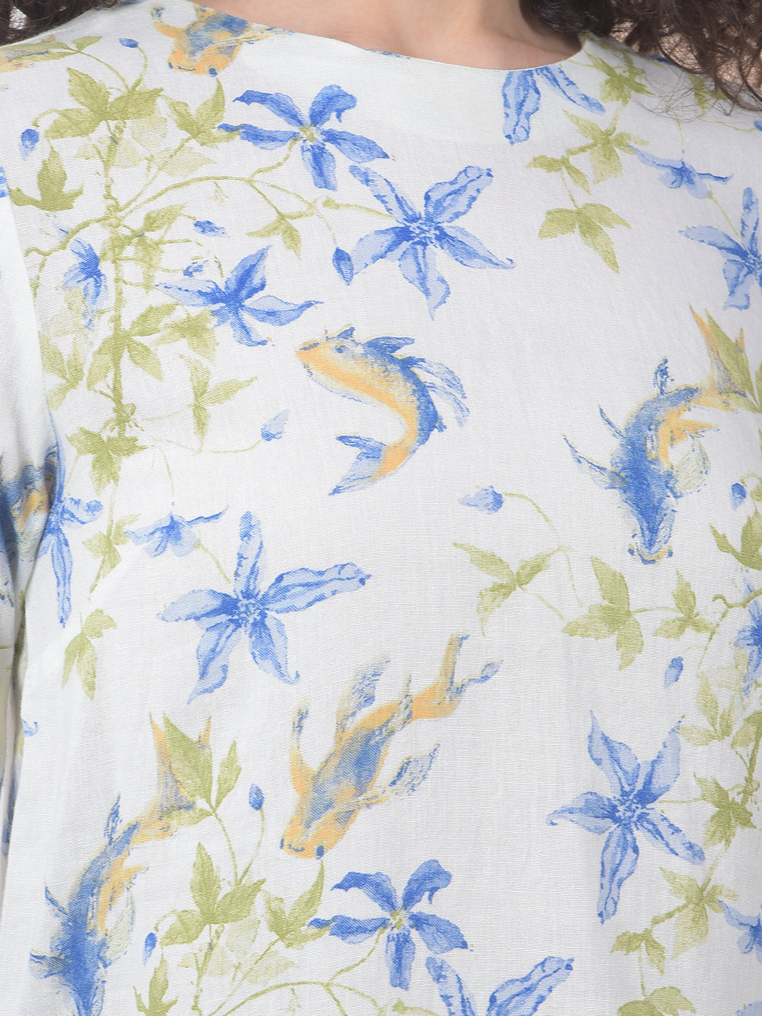 Blue Floral Printed Linen Top