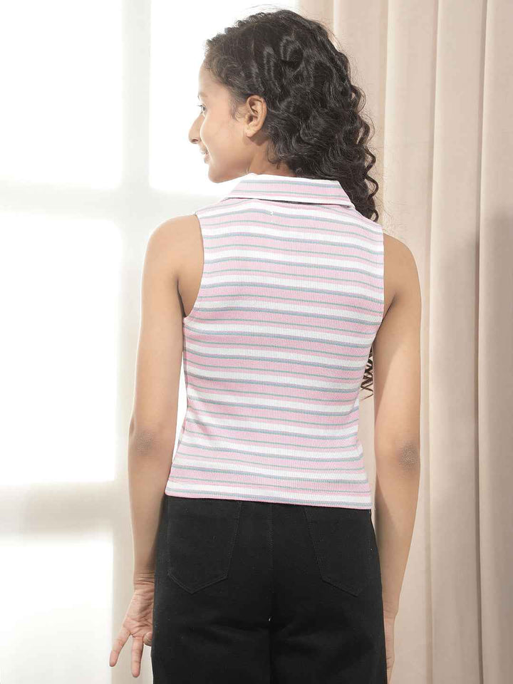 Pink Horizontal Stripes Sleeveless T-Shirt