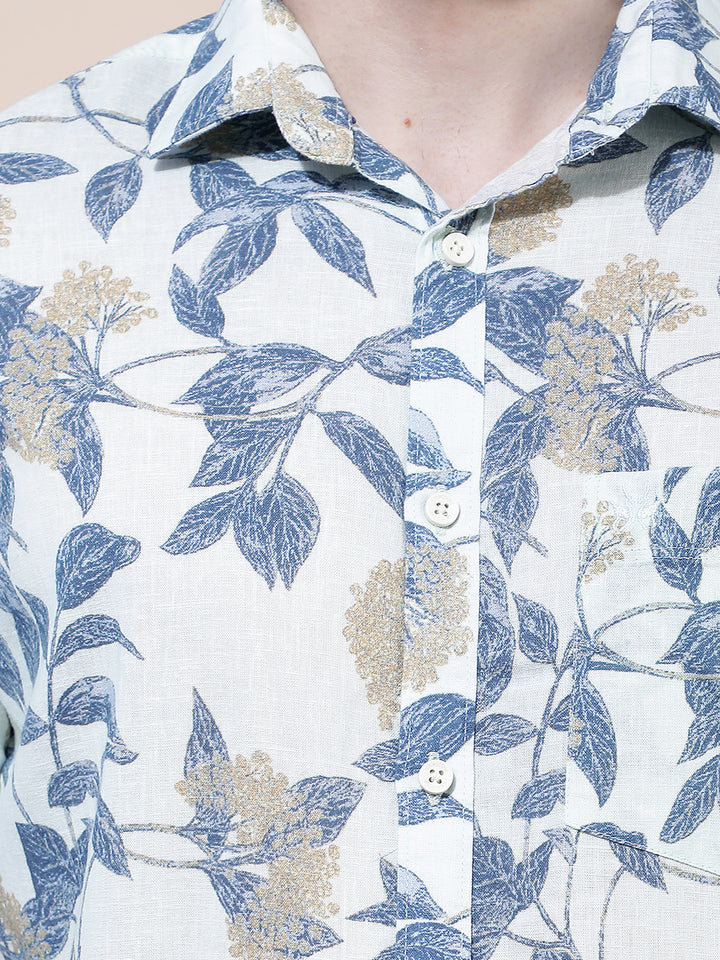 Blue Floral Print Linen Shirt