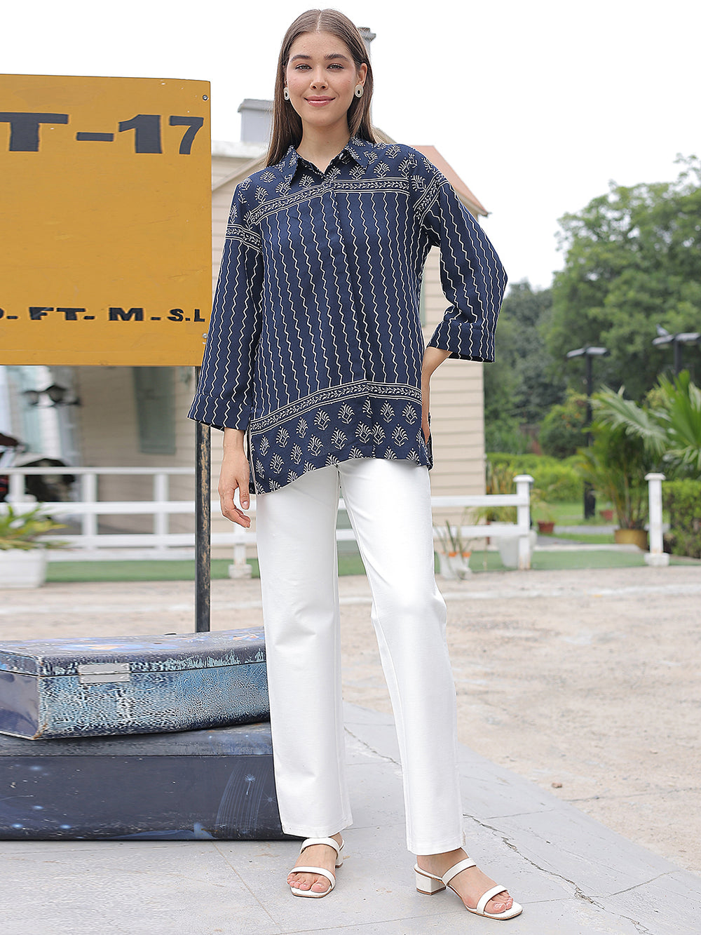 Navy Blue Motifs Print Shirt