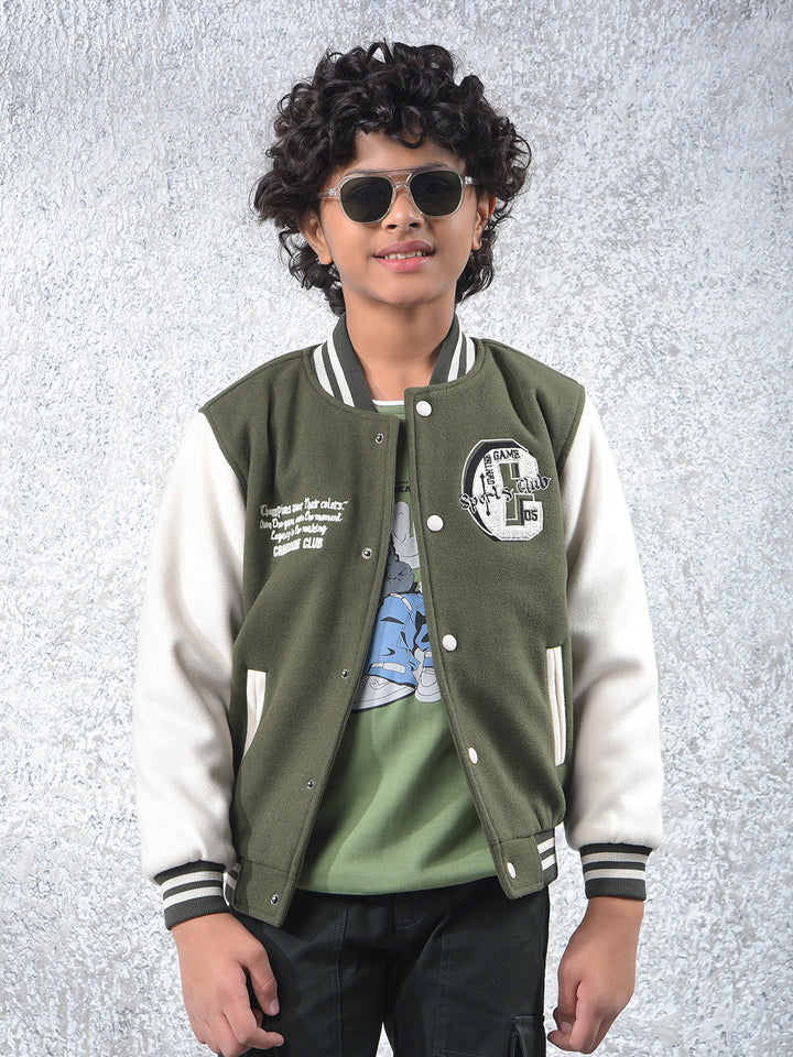 Olive Color-Block Varsity Jacket