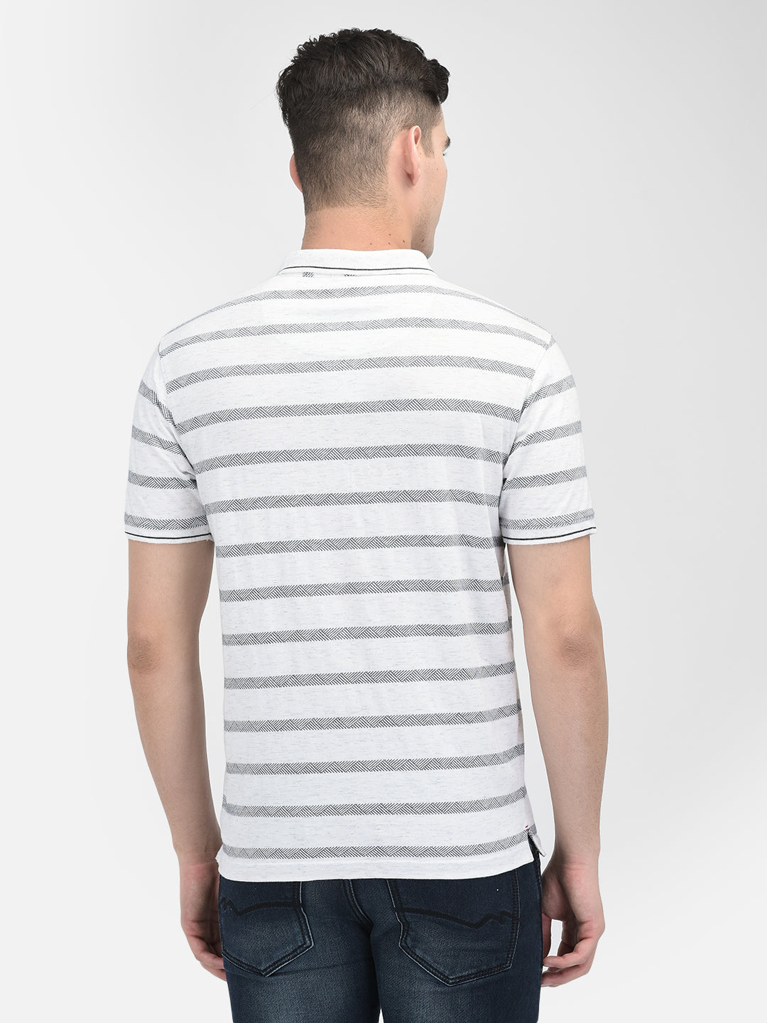 White Horizontal Stripes Polo Neck T-Shirt