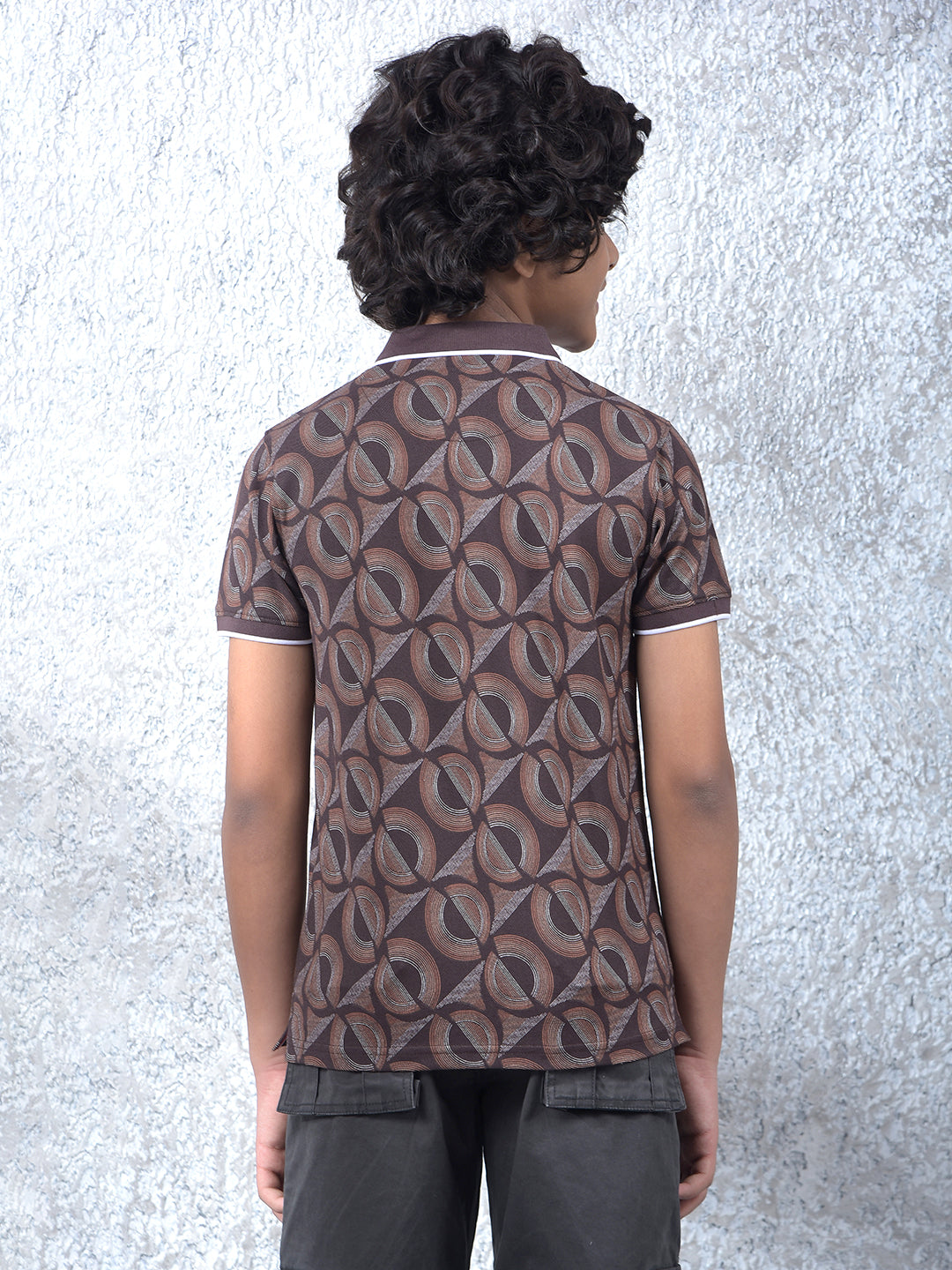 Brown Printed Polo Neck T-Shirt