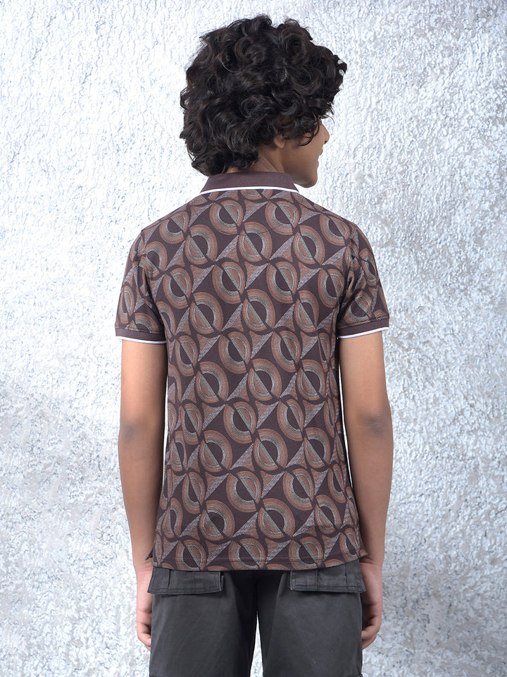 Brown Printed Polo Neck T-Shirt