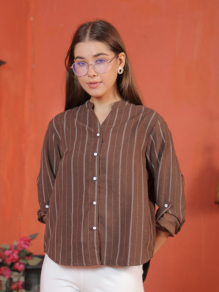 Brown Striped V-Neck Shirt