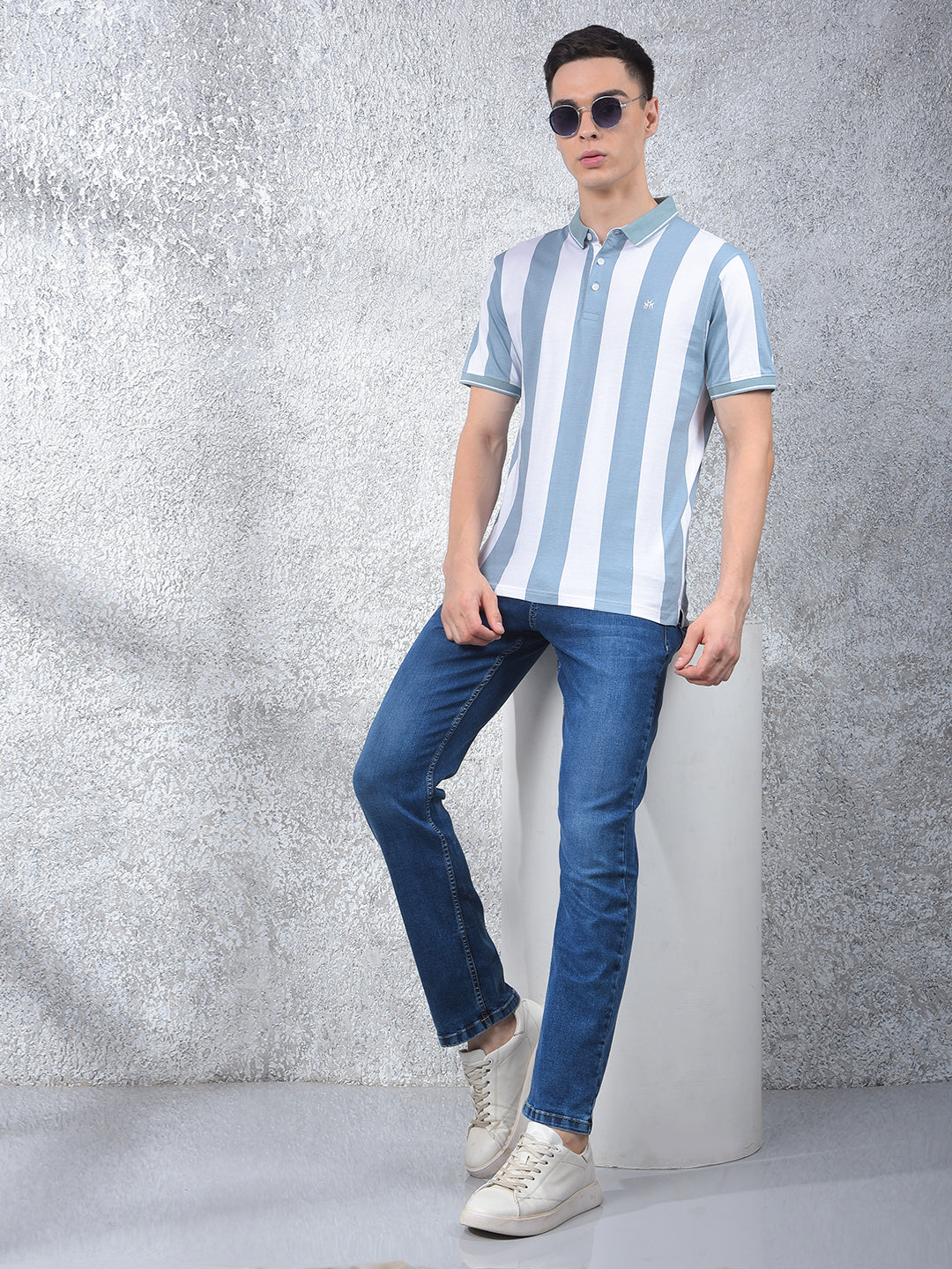 Blue Vertical Stripes 100% Cotton Polo Neck T-Shirt-Men T-Shirts-Crimsoune Club