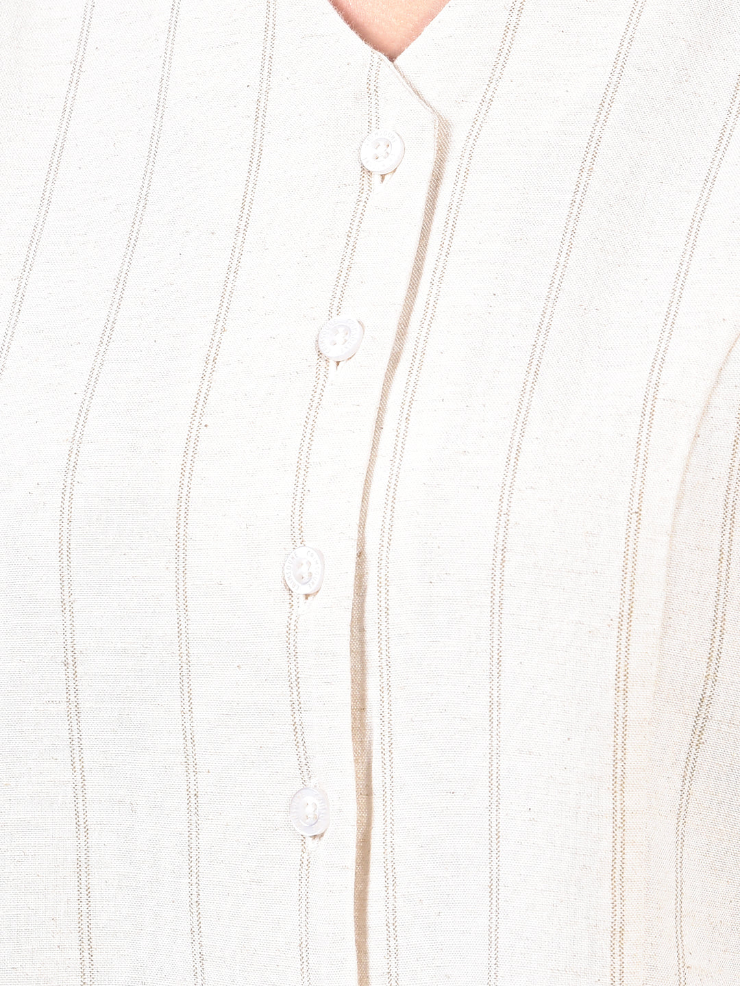 Women's Beige Vertical Stripes Sleeveless Linen Cropped Waist-Coat-Women Waist-Coats-Crimsoune Club