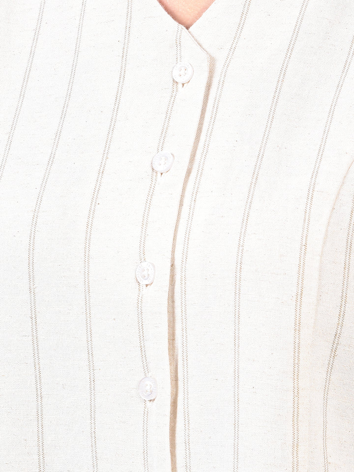 Women's Beige Vertical Stripes Sleeveless Linen Cropped Waist-Coat-Women Waist-Coats-Crimsoune Club