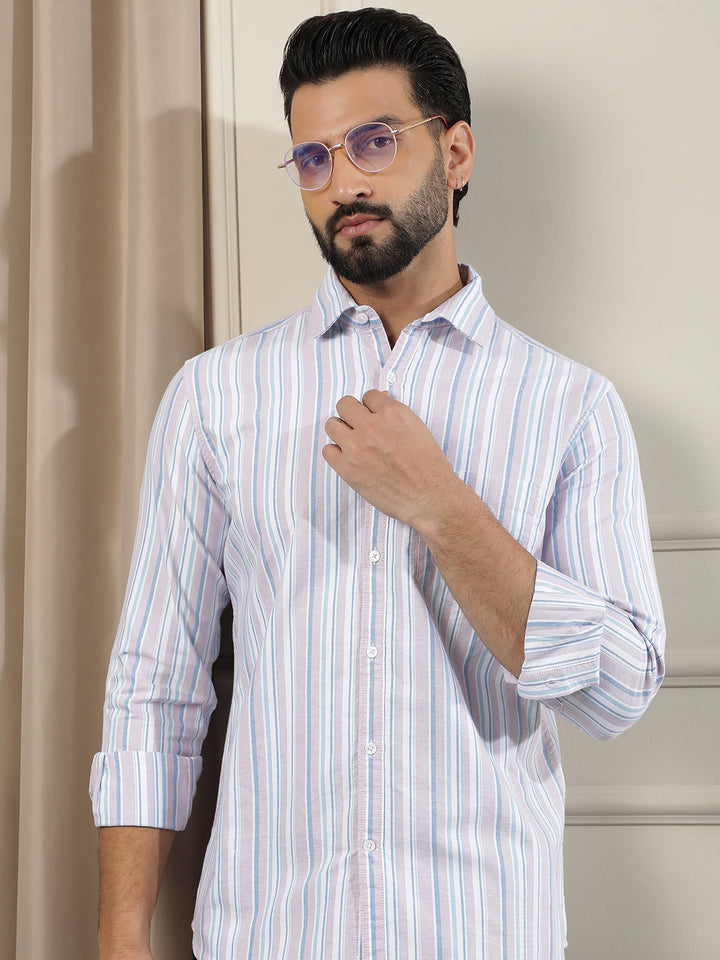 Peach Vertical Stripes 100% Cotton Shirt