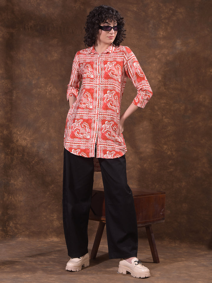 Red Geometric Print Longline Shirt