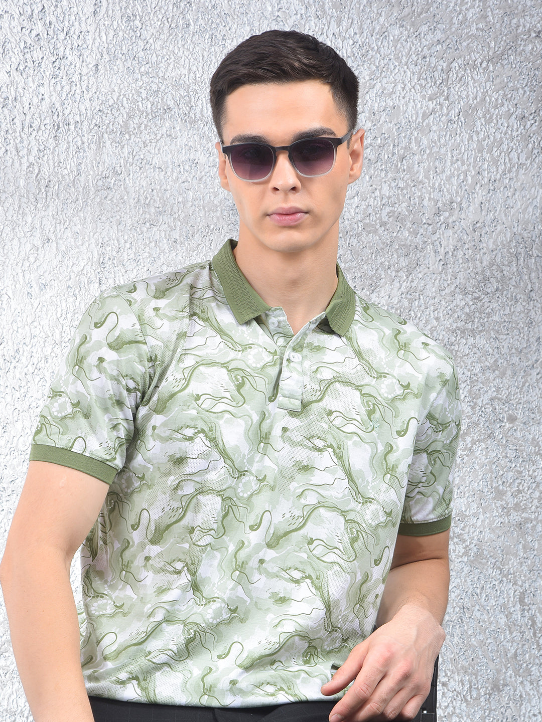Green Abstract Print Polo Neck T-Shirt