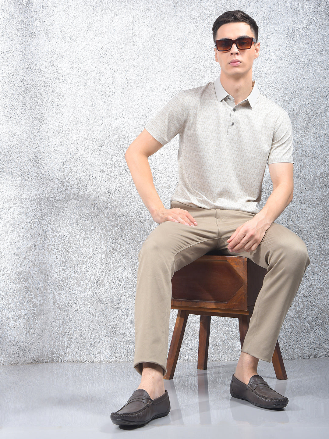 Beige Printed Polo Neck T-Shirt