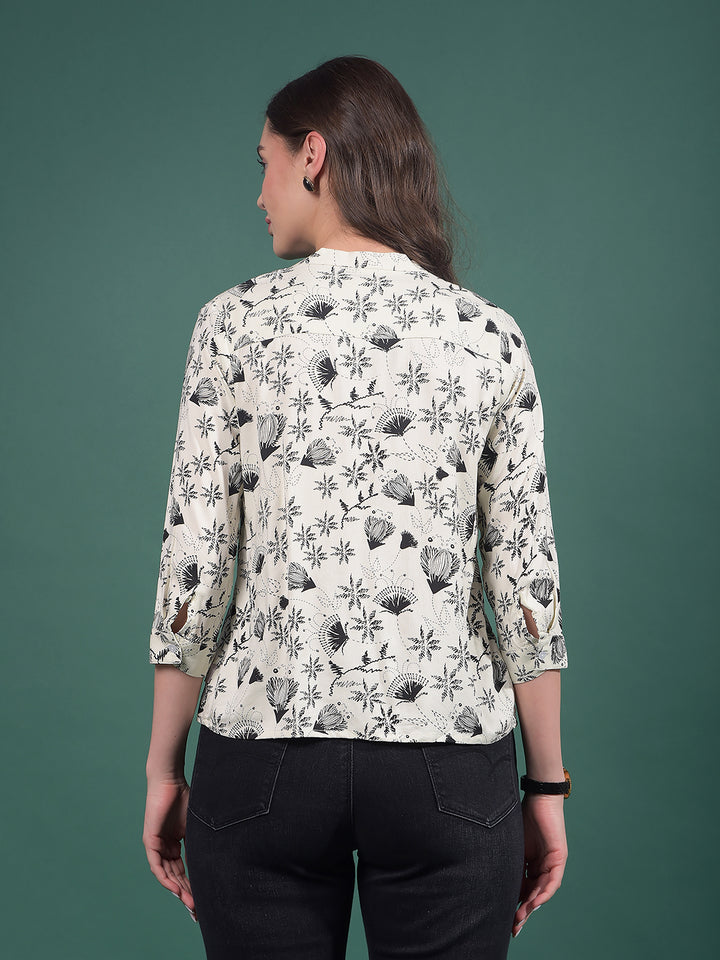 White Floral Print V-Neck Top