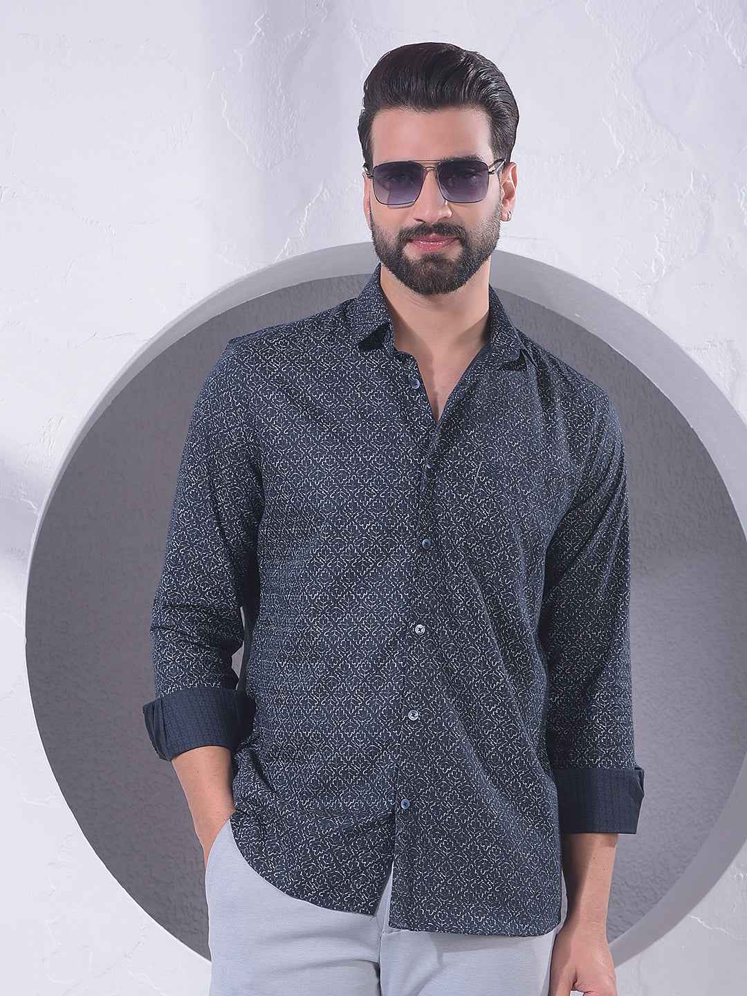 Navy Blue Floral Print Shirt