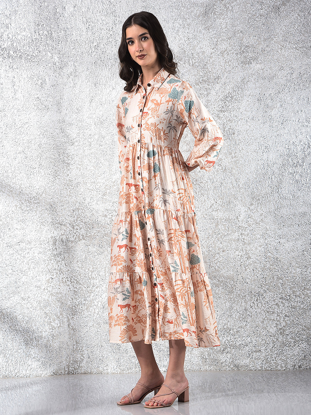 Women's Orange Floral Print Shirt Dress-Women Dresses-Crimsoune Club