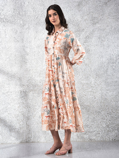 Women's Orange Floral Print Shirt Dress-Women Dresses-Crimsoune Club