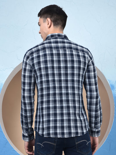 Navy Blue Checked 100% Cotton Knitted Shirt