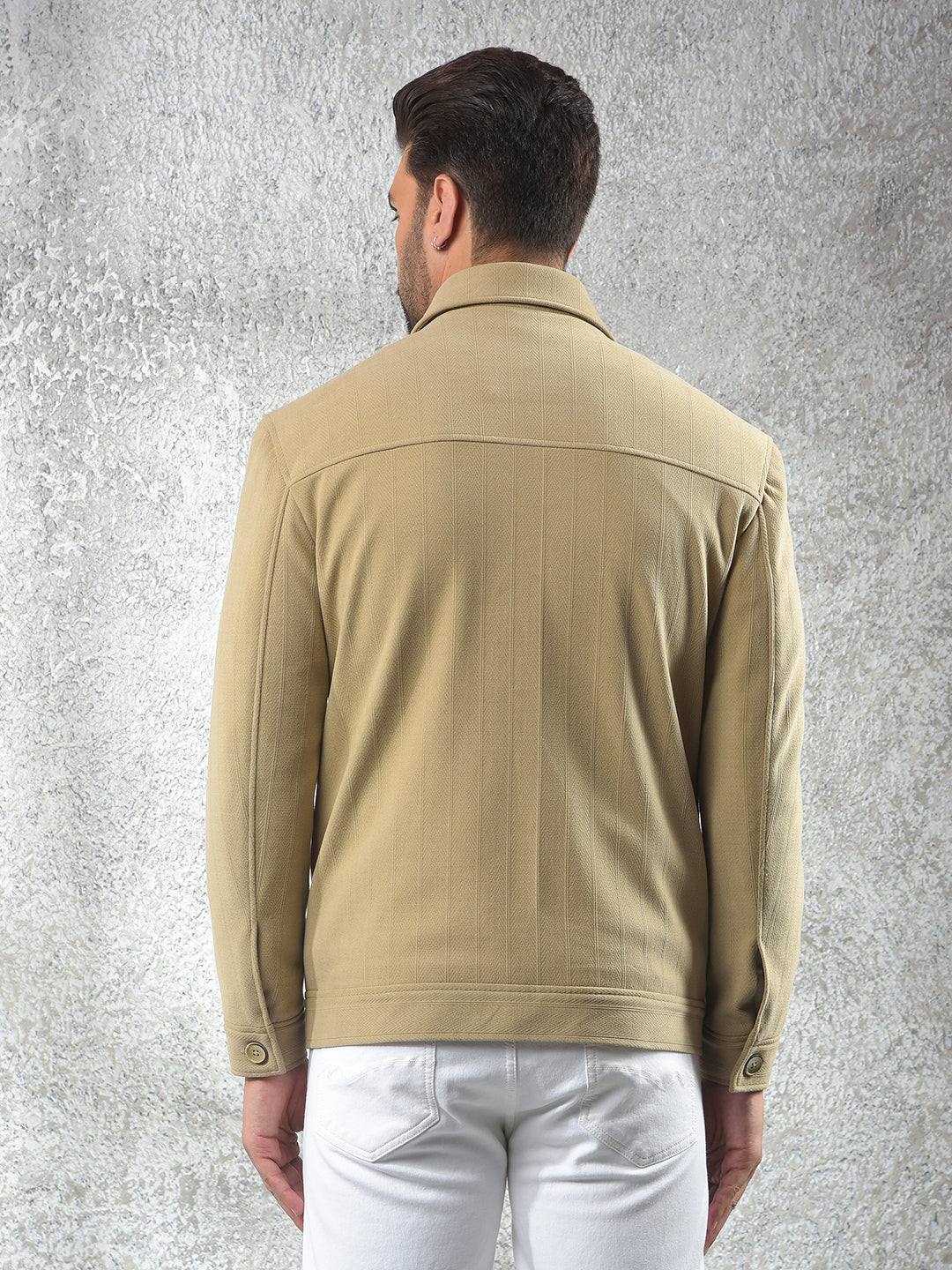 Beige Vertical Stripes Double Front-Pocket Shacket