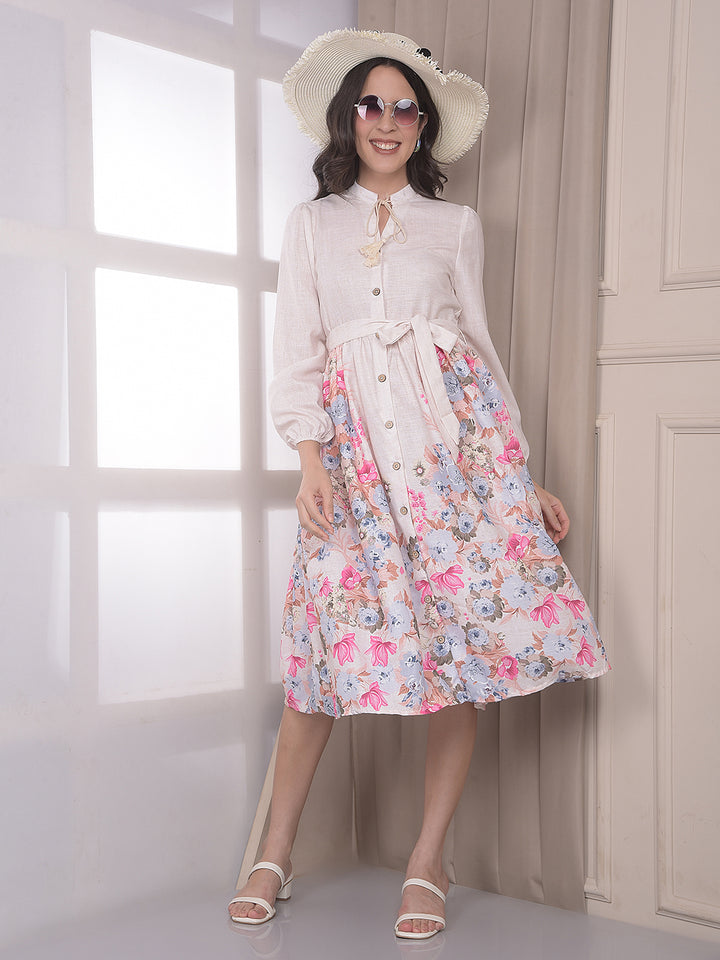 Multi-Color Floral Print Below Knee A-Line Dress with Belt