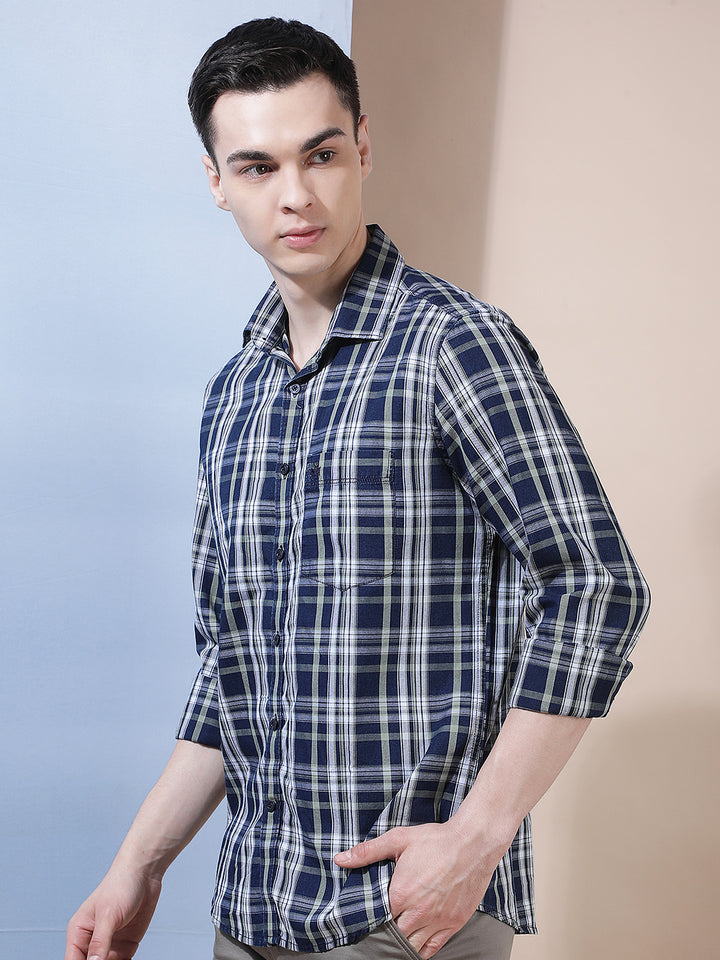 Navy Blue 100% Cotton Checked Shirt